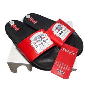 Budweiser Slides Sandals Size L 11-12 Black Red New Unisex